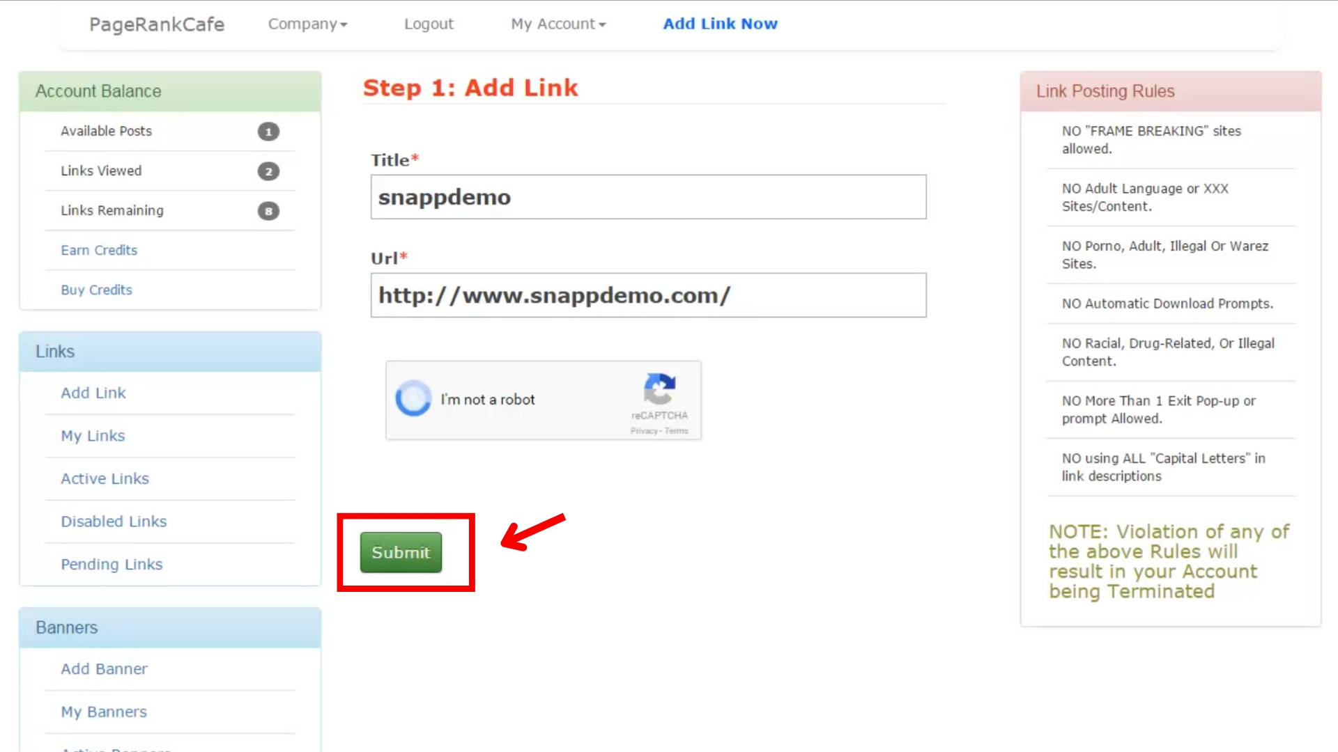 A screenshot of the Add Link Page with details filled out and the submit button highlighted